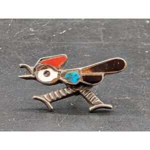 Vintage Zuni Roadrunner Tie Tack Sterling Silver Turquoise Coral Inlay Pin